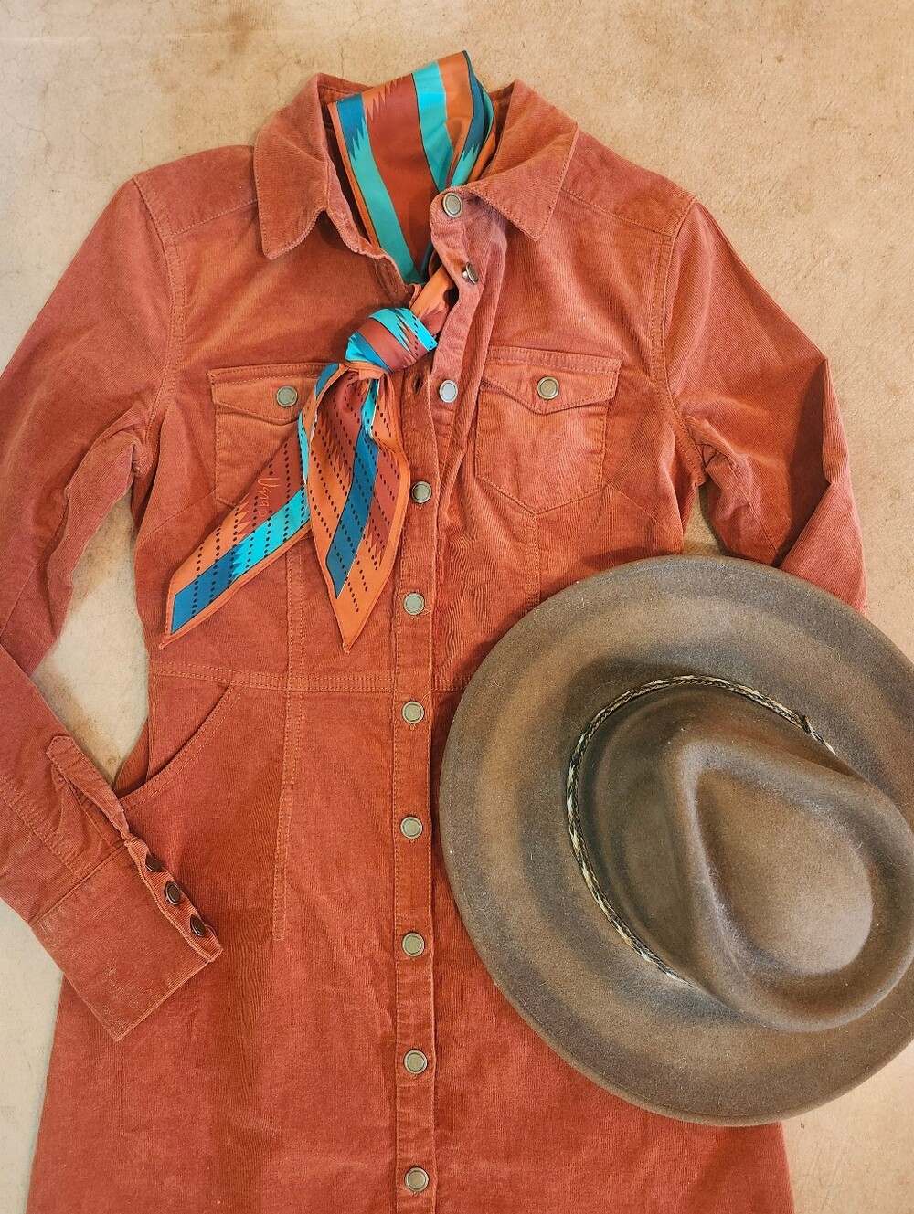 Free People DYNOMITE Rust Burnt Orange Corduroy Mini Dress XS Western Cowgirl - Picture 2 of 11